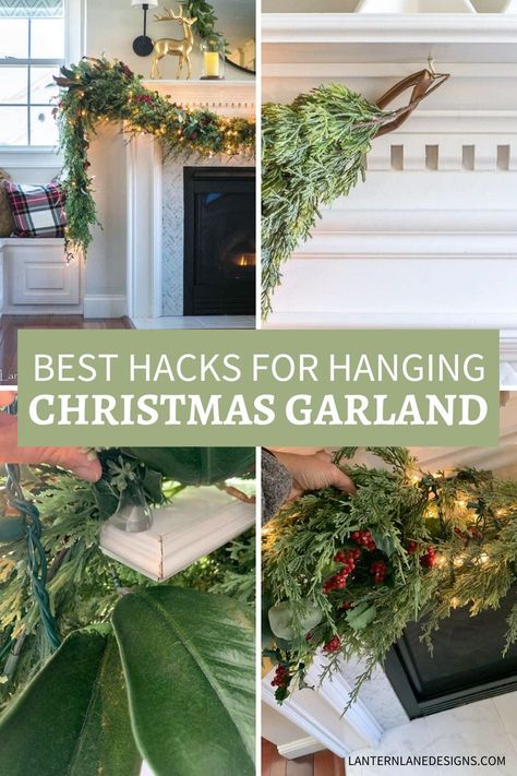 Hanging Christmas Garland, Garland On Mantle, Banister Garland, Window Garland, Christmas Ceiling Decorations, Outdoor Garland, Mantle Garland, Mantel Decorating, Hanging Christmas Lights