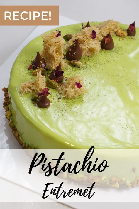 This Pistachio Entremet recipe has multiple layers of flavour. It features a pistachio mousse, a caramelised white chocolate cremeux, an almond dacquoise and a crispy pistachio base. This pistachio entremet is a personal favourite as well as a favourite among all the friends we’ve served it to! It combines a lot of our favourite flavours like pistachio and caramelised white chocolate, with a variety of complimenting textures, to make a dessert fit for a very special occasion. Pistachio Entremet, Pistachio Mousse, Entremet Recipe, Mousse Cake Recipe, Pistachio Cake, Tall Cakes, Mousse Recipes, Cake Board, Mousse Cake