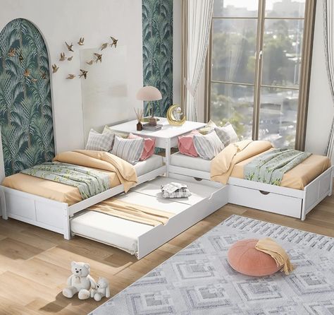 L Shaped Twin Beds, Corner Twin Beds, Twin Trundle Bed, Bed In Corner, Two Twin Beds, Twin Platform Bed, Shared Room, Twins Room, Square Table