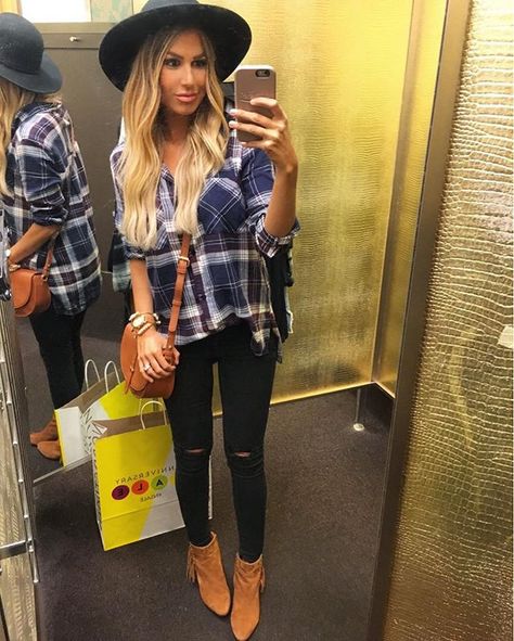 Sharing another one of my fave outfits from the #NSale with you guys...this is the perfect plaid button down! 💃🏼💃🏼 It's *so* soft and comes in several different colors 🏆 @liketoknow.it http://liketk.it/2oOHW #liketkit #nordstrom #fittingroomdiaries #fallfashion #ltksalealert Fringe Booties Outfit, Booties Outfit Winter, Hollie Woodward, Booties Outfit, Fringe Booties, Outfits With Hats, Ripped Denim, Plaid Tops, Fall Winter Outfits