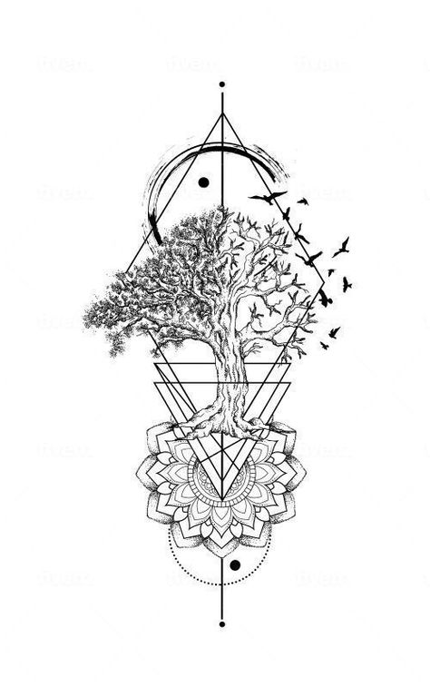 Geometric Tattoo Tree, Geometric Tattoo Stencil, Geometric Tattoo Sleeve Designs, Fonts Tattoo, Willow Tree Tattoos, Sketch Style Tattoos, Floral Thigh Tattoos, Artist Tattoo, Tree Tattoo Designs