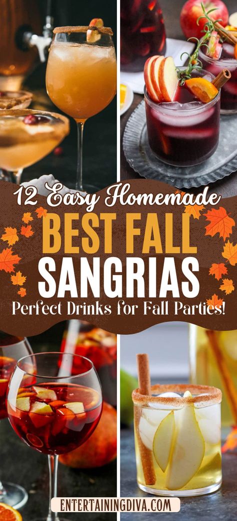 12 Easy Homemade Best Fall Sangrias (perfect Drinks For Fall Parties) | Fall Entertaining Easy Fall Sangria, Drinks For Fall, Fall Cocktail Party, Thanksgiving Sangria, Apple Cider Sangria Recipe, Fall Sangria Recipes, Homemade Sangria, Cocktail Recipes For A Crowd, Easy Sangria Recipes