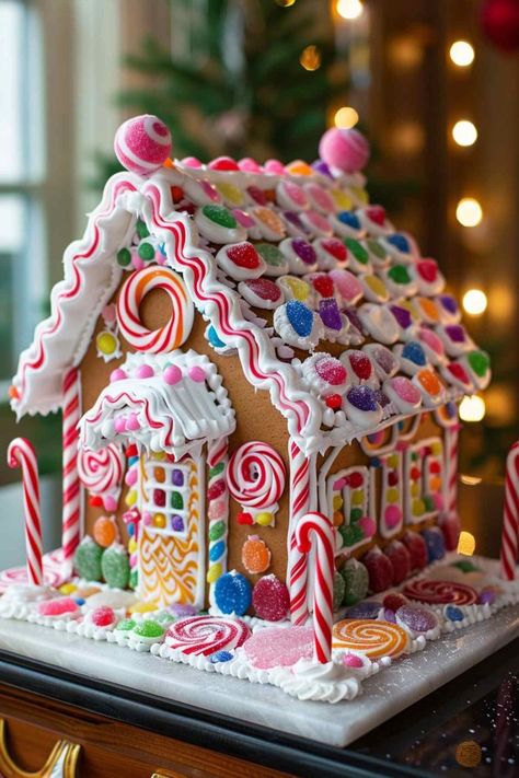 29 Festive Gingerbread House Designs to Try This Holiday Season Gingerbread House With Lights, Gingerbread House Candy Decorations, Gingerbread House Door Ideas, Gingerbread House With Candy, Gingerbread Houses Decorating, Gingerbread House Background, Ginger Bread House Decorating Party, Gingerbread Candy Ideas, Candy House Ideas