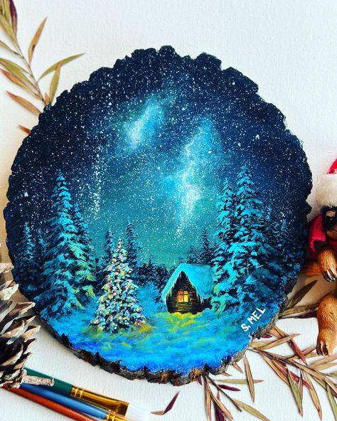 “Winter” acrylic painting on the slice of wood , Acrylic Christmas Paintings, Winter Wonderland Painting, Christmas Acrylic Painting, Barn Wood Art, Wooden Christmas Crafts, Circle Painting, Nature Home, Home Colors, Christmas Tree Decorations Diy