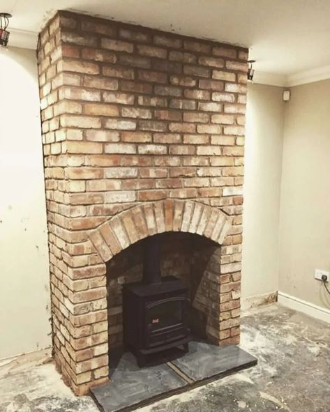 Brick Fireplace Log Burner, Brick Chimney Breast, Brick Fireplace Decor, Exposed Brick Fireplaces, Wood Burner Fireplace, Log Burner Living Room, Brick Slips, Cosy Fireplace, Double Sided Stove