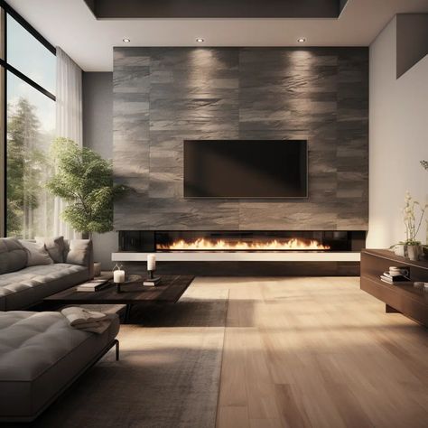 20 Electric Fireplace Ideas with TV Above - HearthandPetals Modern Fireplace With Tv Above, Linear Fireplace With Tv Above, Fireplace Ideas With Tv Above, Electric Fireplace Ideas With Tv, Large Electric Fireplace, Fireplace Ideas With Tv, Electric Fireplace Ideas, Big Houses Interior, Electric Fireplace Living Room