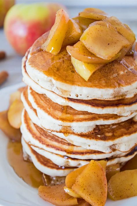 These fluffy, flavorful and addictive Apple Cider Pancakes are the perfect use of any fall apples, but I can't resist making them year-round! Cinnamon Fried Apples, Apple Cider Pancakes, Japanese Yakitori, Asian Ramen, Apple Cider Syrup, Easy To Make Breakfast, Baked Pancakes, Apple Cider Caramels, Apple Pancakes