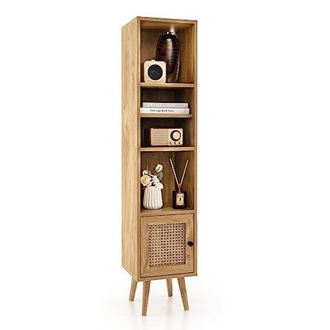 Rattan Storage Cabinet, Vertical Bookshelf, Slim Storage Cabinet, Rack Living Room, Tall Storage Cabinet, Rattan Storage, Book Cabinet, Boho Furniture, Tall Cabinet