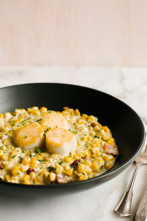 Scallops Corn, Sauce For Scallops, Scallops With Corn, Bay Scallop Recipes, Savory Cravings, Cuban Sandwich Recipe, Seafood Ideas, Scalloped Corn, Meatless Dishes