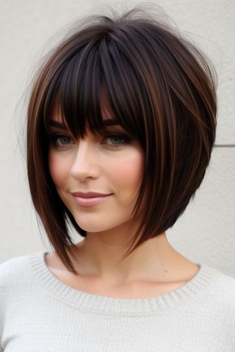 Medium Length Bob Straight Hair, Inverted Bob Haircuts Shoulder Length, Short Haircut With Bangs For Round Faces, Cute Bob With Bangs, Medium Bob Haircut With Bangs, Short Bob Cut With Bangs, Medium Length Hair Styles With Bangs, Dark Hair With Bangs, Short Dark Bob