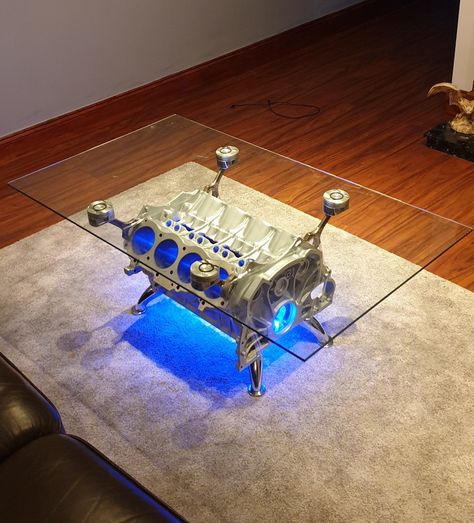 V8 Table, Engine Block Coffee Table, Engine Block Table, Weld Idea, Engine Table, Car Room Decor, Car Parts Decor, Garage Furniture, Cool Garages