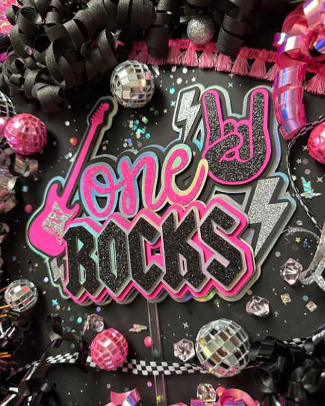 Complete your little rockstar's first birthday bash with this beautifully layered cake topper!!! Rockstar Theme Birthday Party, Rock N Roll Cake, Rock And Roll Birthday Party, Layered Cake Topper, Rock And Roll Birthday, Edgy Girls, 1st Birthday Party Themes, B Roll, Layered Cake