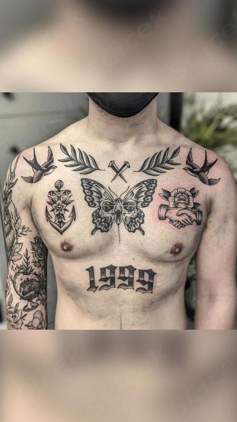 Patchwork chest | #tattoo #tattoos #sketch Chest Patchwork Tattoo Female, Birth Year Tattoo Men Chest, Creative Chest Tattoos For Men, Men’s Chest Tattoo Stencils, Chest Tattoo Patchwork, Masculine Chest Tattoos, Black Out Chest Tattoo, Under Peck Tattoos For Men, Chest Patchwork Tattoo