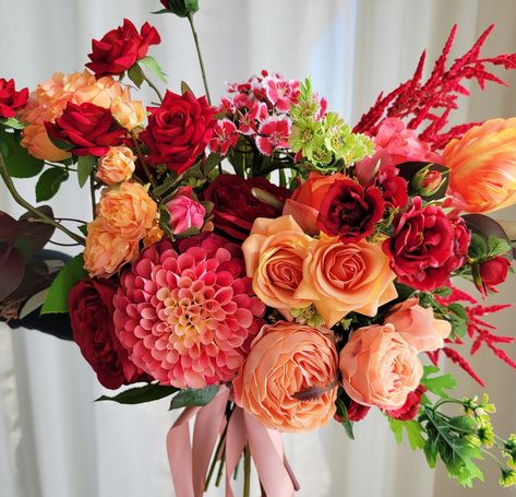 Pop Of Color Bouquet, Pink Orange Red Bouquet, Red Pink Orange Bridal Bouquet, Red Orange Bridal Bouquet, Red Orange Flower Arrangements, Pink Orange Flower Bouquet, Bright Dried Flowers, Red And Orange Flower Bouquet, Flowers With Red Dress