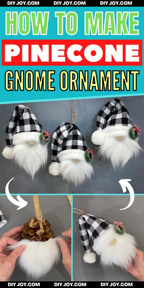 Easy DIY Scented Pinecone Gnome Gnomes Out Of Pinecones, Pine Cone Crafts Knomes, Gnomes From Pinecones, Diy Pine Cone Gnomes, Pine Cone Gnomes Diy How To Make, Miniature Gnomes Diy, Pine Cone Gnome Ornament, Gnome Ornaments Diy Holiday Crafts, Cone Gnomes Diy How To Make