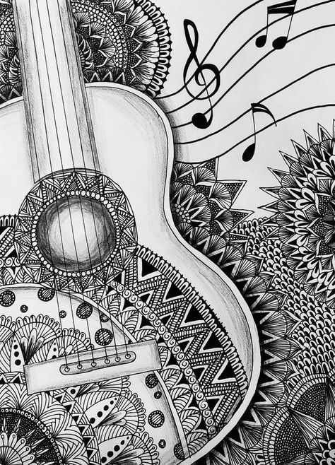 Mandala Drawing Music, Doodle Art Drawing Beautiful, Guitar Mandala Art, Art Easy Drawing, Creative Mandala Art, Doodle Art Easy, Music Art Drawing, Draw Mandala, Crazy Tattoos