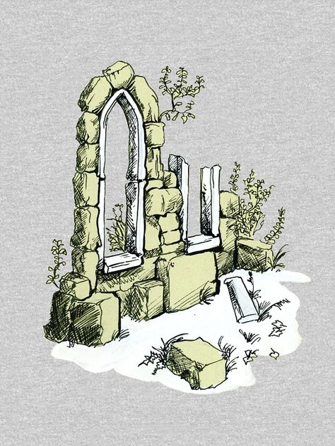 "Ruins" T-shirt on the Redbubble. The romantic view of the ruins of the old gothic building. linear drawing of gothic ruins. design on the redbubble. Old Ruins Art, Ruins Drawing Sketch, How To Draw Ruins, Ruined Buildings Drawing, Overgrown Ruins Drawing, Ancient Ruins Drawing, Old Buildings Drawings, Castle Ruins Drawing, Medevil Drawings