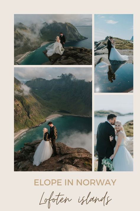 Bride and groom on a mountain top with a stunning view to mountains and turquoise sea on the day of their elopement in Lofoten; Norway Lofoten Islands, Romantic Places, Elopement Locations, Adventure Wedding, Elopement Inspiration, Adventure Elopement, Getting Engaged, Groom Portrait, Outdoor Ceremony