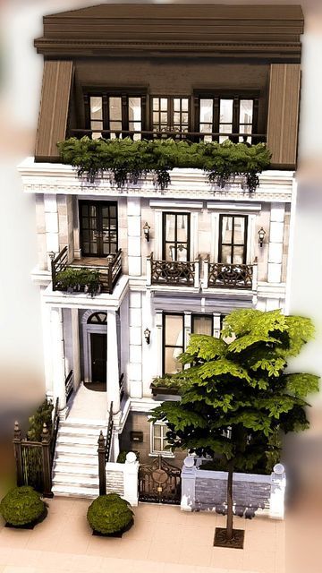 The Sims 4 Building Ideas No Cc, Parisian House Sims 4, Cute Townhouse Exterior, Parisian Townhouse Exterior, Brichester House Sims 4, Sims Hospital Build, Sims 4 Brightchester, Dark Academia Townhouse, Town House Layouts