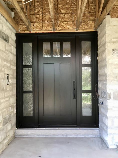 Solid Glass Front Door, Black Outside Doors, Black Entry Door With Sidelights, Black And Glass Front Door, Oversized Front Doors, Black Exterior Doors Front Entry, Black Double Front Doors, Entryway Doors Exterior, Black Double Front Door