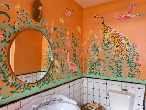 An L.A. Home With Cheery Colors and the Coolest Bathrooms | Cup of Jo Coolest Bathrooms, Bathroom Wall Mural, Print Armchair, Painting Corner, 2024 Bedroom, Bathroom Mural, Ceiling Murals, Cup Of Jo, Life Space