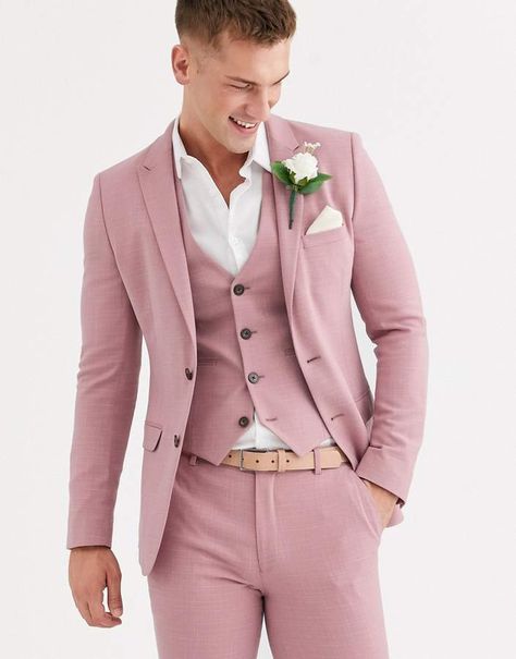 ASOS DESIGN wedding super skinny suit jacket in crosshatch in rose pink Pink Suit Men, Rosé Suit, Suit For Men Wedding, Suit Prom, Terno Slim, Dinner Suit, Wedding Suits Groom, Prom Suits, Pink Suit