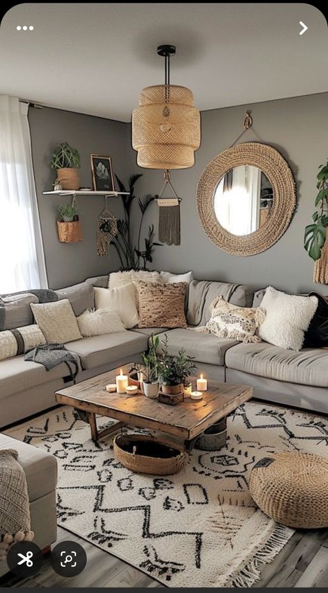 Modern Farmhouse Living Room Design Ideas, Living Room With Crystals, Cloud Couch Living Room Decor Bohemian, Soft Boho Living Room, Living Room Den Ideas, Cool Tone Living Room Ideas, Living Room With Grey Couch, Living Room Theme Ideas, Loving Room Decor