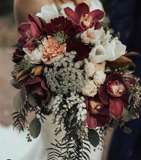 Dark Autumn Wedding Bouquet, Maroon And Green Bouquet, Fire And Ice Roses Wedding Bouquets, Bridal Boquets Fall Burgundy, Moody Cascading Bouquet, Fall Wedding Flowers October Burgundy, Burgundy Cascading Bouquet, Burgundy Gold Bouquet, Wedding Flowers Autumn Burgundy