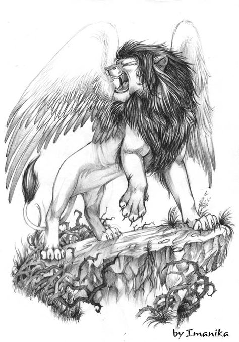 Lion with wings by Light-Angel-Vera.deviantart.com on @DeviantArt Winged Lion Tattoo, Wings Back Tattoo, Lion With Wings, Lion Art Tattoo, Lion Sketch, Winged Lion, Wing Tattoo Designs, Lion Tattoo Design, Wings Drawing