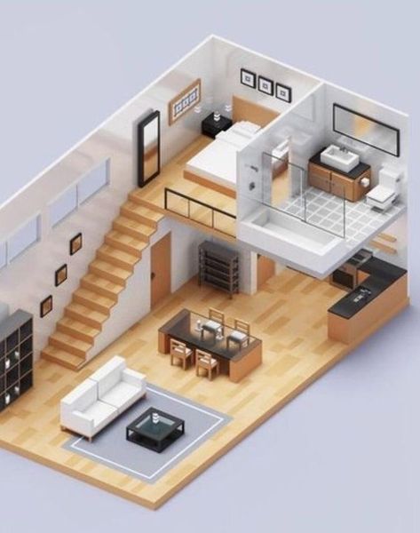 Loft House Design, Unique Floor Plans, Studio Apartment Divider, Sims 4 House Plans, Tiny House Loft, Small House Design Plans, Loft House, House Interiors, Studio Apartment Decorating