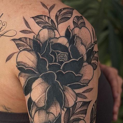 Black Work Tattoos For Women, Floral Cover Up, Lower Back Floral Tattoo Cover Up, Black Peony Tattoo Cover Up, Text Cover Up Tattoo, Thigh Tattoo Cover Up Ideas, Dark Tattoo Cover Up, Dark Peony Tattoo, Black Flower Tattoo Cover Up