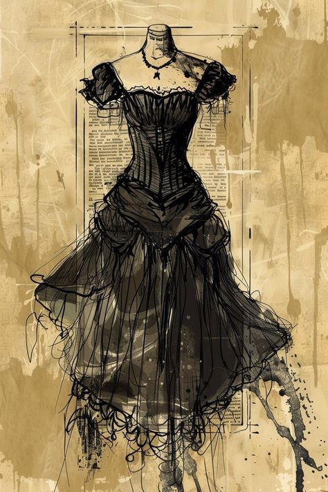 Goth Victorian Dress Drawing, Gothic Fashion History, Old Dresses 1800, Elegant Dark Dress, Body Horror Inspiration, Victorian Fashion Sketches, Dress Fashion Design Sketch, Old Gothic Art, 19th Century Gothic Fashion