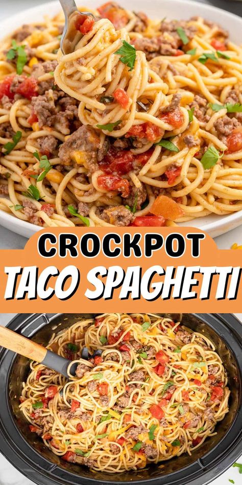 Crockpot Taco Spaghetti Crock Pot, Rotel Crockpot Recipes, Dinner Recipes With Rotel, Crockpot Speggetti, Football Crockpot Meals, Crockpot Hamburger Recipes Ground Beef, Crockpot Rotel Pasta, Spaghetti Casserole Crockpot, Crockpot Taco Spaghetti