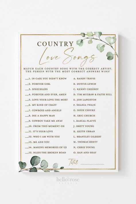 Bridal Shower Love Song Game, Country Bridal Shower Games, Bridal Shower Trivia, Country Love Songs, Gold Bachelorette, Country Bridal Shower, Candy Match, Wedding Game, Gold Printable