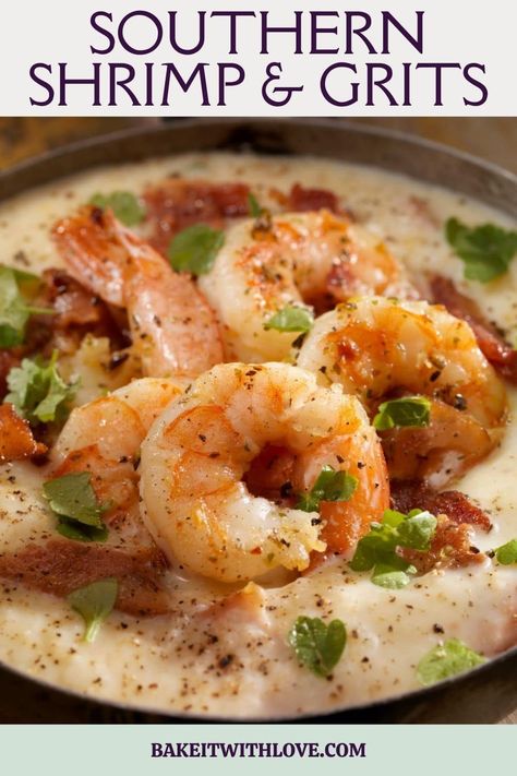 Creamy, cheesy shrimp & grits is classic Southern comfort food! Shrimp And Grits Recipe New Orleans, Ina Garten Shrimp, Breakfast Shrimp, Easy Shrimp And Grits, Southern Shrimp And Grits, Patty Food, Cheesy Shrimp, Shrimp N Grits Recipe, Cheesy Grits