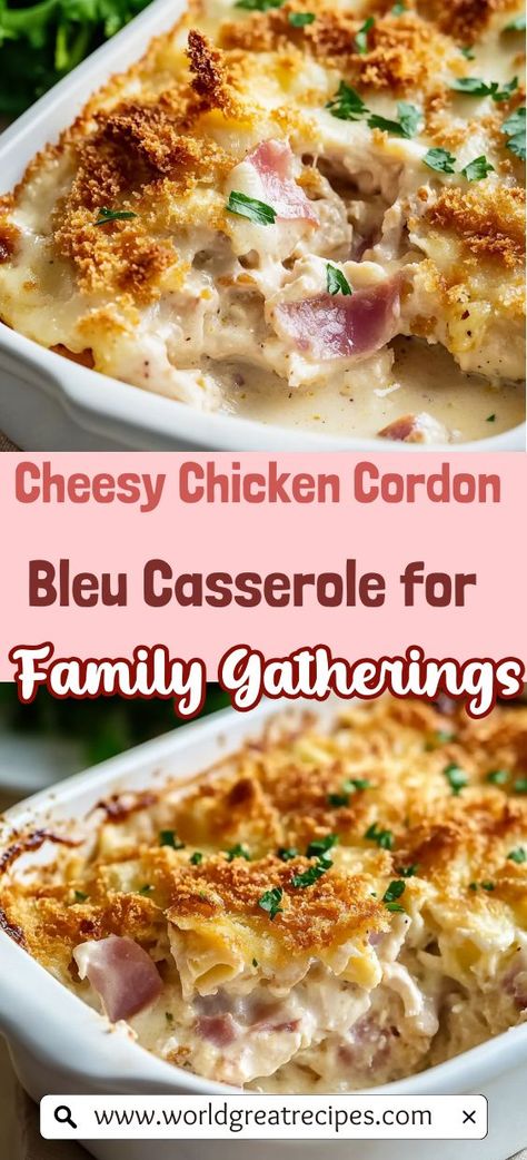 Impress your guests at your next family gathering with this cheesy Chicken Cordon Bleu Casserole! This dish transforms the classic flavors of chicken, ham, and cheese into a layered casserole that's both delicious and satisfying. The creamy sauce binds everything together, while the breadcrumbs provide a delightful crunch. Ideal for potlucks or special occasions, this casserole is sure to be a hit. Serve it with a fresh green salad for a balanced meal that leaves everyone wanting more! Chicken Cordon Bleu Potato Casserole, Christmas Chicken Casserole, Ham And Chicken Recipes, Chicken And Ham Recipes, Chicken And Ham Casserole, Bleu Cheese Recipes, Leftover Chicken Casserole, Chicken Ham And Cheese, Chicken Cordon Bleu Casserole Recipe