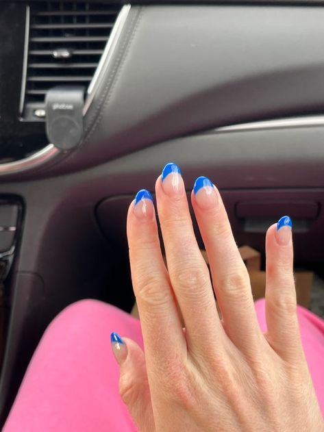 Painted Nails Not Acrylics, Almond Shaped French Tip Nails Blue, Short Almond French Tip Nails Blue, French Tips Royal Blue, Royal Blue Acrylic Nails Round, Acrylic Nail Designs Almond Blue, Almond Royal Blue French Tip Nails, Preppy Blue French Tip Nails, Royal French Tip Nails