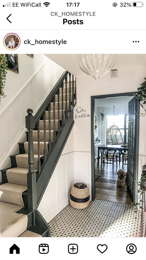 Hallway 2023, Green Staircase, Earthy House, Stairs And Hallway Ideas, 1930s House Renovation, Black Staircase, تحت الدرج, Entrance Hall Decor, Entryway Stairs