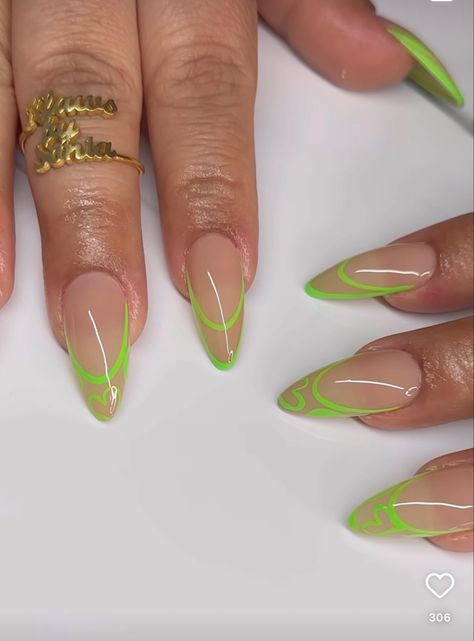 Green Design Almond Nails, Yellow Green Nails Design, Neon Nails Almond Shape, Lime Green Almond Nails, Lime Nails Design, Natural Pink Acrylic Nails, Green Almond Nails Designs, Pink Acrylic Nails Almond, Neon Green Nail Designs