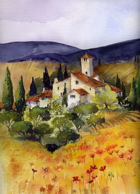 Field Paint, Tuscany Landscape, Watercolour Landscape, Italy Landscape, Italian Landscape, Italian Countryside, Watercolor Projects, Watercolor Painting Techniques, 수채화 그림