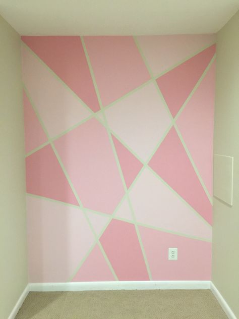 Pink Paint Designs On Wall, Pink Accent Wall Design, Pink Geometric Wall Paint, Pink And Green Geometric Wall, Pink Wall Paint Design, Pink And White Painted Walls, Pink Wall Ideas Interior Design, Pink Wall Accent, Princess Room Paint Ideas Wall Colors