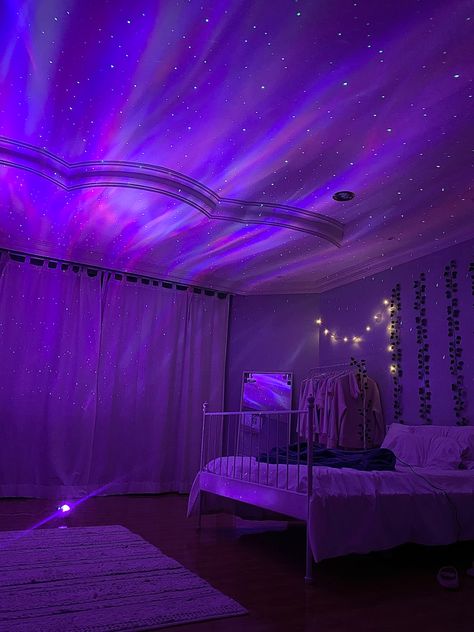 Galaxy Led Lights Bedroom, Purple Light Bedroom, Led Light Closet Ideas, Purple Fairy Lights Bedroom, Galaxy Lights Bedroom Aesthetic, Purple Led Lights Bedroom, Galaxy Lights Bedrooms, Purple Led Lights Aesthetic, Purple Vibe Aesthetic Room