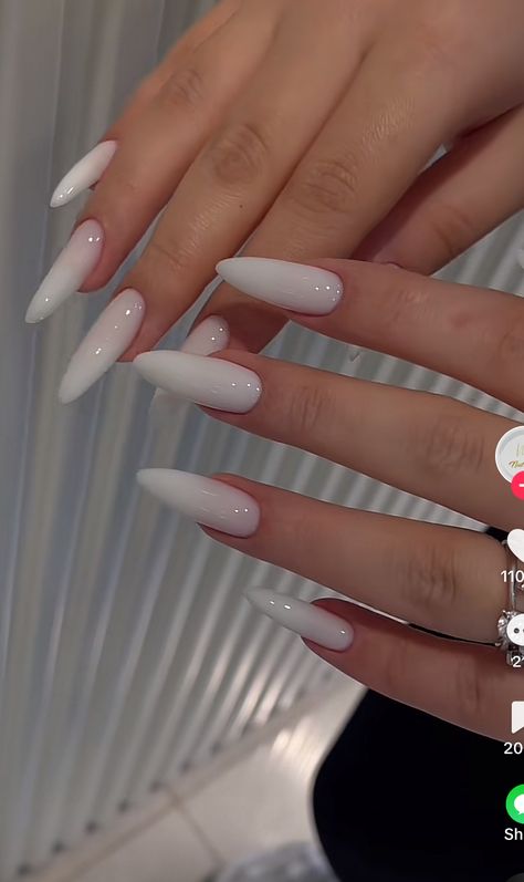 Proposal Nails Almond, Pale White Nails, Nails White On White, Long Almond Nails White Design, Milky Stiletto Nails, White Stilettos Nails, Acrylic Birthday Nails Ideas, Milk White Almond Nails, Almond Milky White Nails