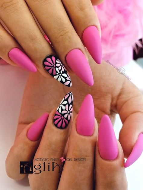 Matte Pink Nails With Design, Motorcycle Nails, Black And Pink Nail Designs, Pink Nails Matte, Creative Nail Ideas, White Stiletto Nails, Pink Nail Ideas, Matte Pink Nails, Pink Summer Nails