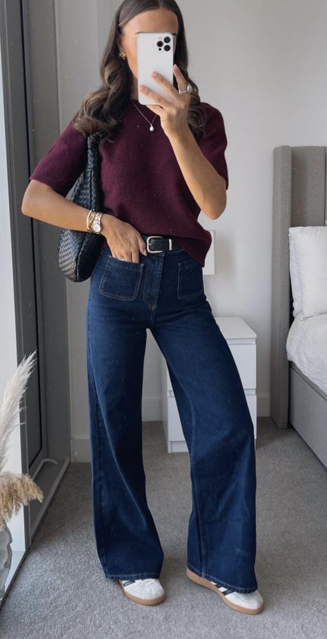 Maroon Cardigan Outfit, Burgandy Sweater, Wide Leg Jeans Outfit, Maroon Cardigan, Outfit Cardigan, Jeans Outfit Women, Petite Style, Cardigan Outfits, Petite Fashion