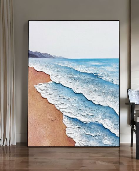 Large Beach Art Painting Beach Painting Ocean Art Landscape - Etsy Philippines Abstract Beach Painting, Beach Paintings, Barrel Decor, Beach Art Painting, Painting Ocean, Painting Beach, Art Square, Painting Blue, Square Art