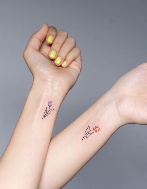 Mini Tattoos Tulip, Colorful Tulip Tattoo, Mother Daughter Tulip Tattoo, Matching Tulip Tattoo, Tulip Small Tattoo, Mini Tulip Tattoo, Tulip Sternum Tattoo, Tulip Tatoos Ideas, Tulip And Daisy Tattoo