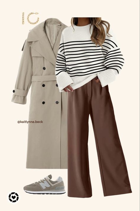 Image of 2023 Fall Outfit Inspiration with a trench coat, white and black stripped sweater, Brown wide leg pants, New Balance Women’s 574 Shoes, and 14K Gold Plated Rope Hoop Earrings Brown Wide Legged Pants Outfit, Brown Trousers Outfit Women Winter, Brown Wide Trousers Outfit, Brown Pleated Pants Outfit, Khaki Wide-leg Pants For Winter, Brown Wide Leg Chinos For Fall, Brown Wide Leg Trousers For Fall, Classic Beige Winter Pants, Light Brown Trousers Outfit