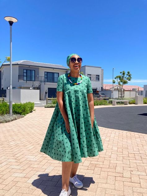 Green shweshwe Green Shweshwe Dress, Shweshwe Dresses Shweshwe Dresses Patterns, Shweshwe Skirts, Chitenje Styles, Green Shweshwe, Shweshwe Dresses Patterns, Seshoeshoe Dresses, Traditional Glam, Baby Cut