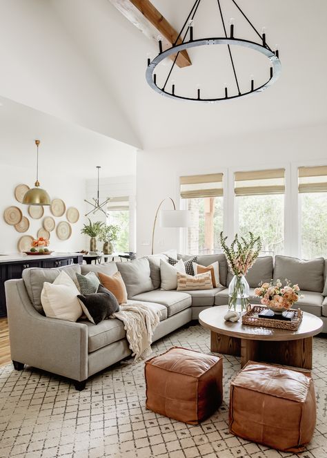 How to Achieve Warm & Restful California Casual in the Midwest - HAVEN U Couch, Gray Sectional Living Room, Grey Couch Living Room, Living Room Pouf, Grey Sectional, Transitional Living, Transitional Living Rooms, Up House, Chandelier Design